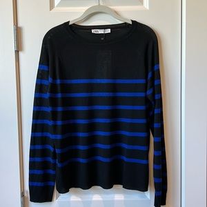 NWT Zara Black Pullover Sweater with Royal Blue Stripes, Medium